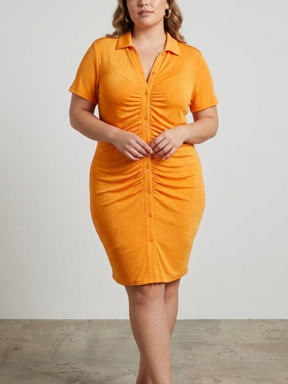 rue+ Plus Size Vibrant Orange Ruched Short Sleeve Polo Dress 4X